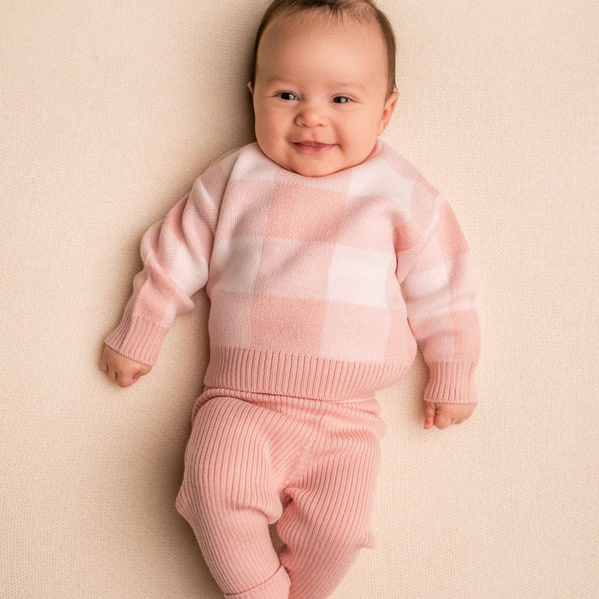 Virgin Merino Wool Checkered Sweater - Dusty Rose - Bambino Azizo